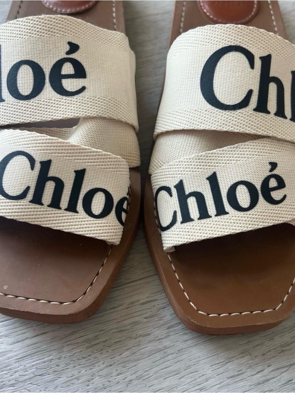 Chloé Beige Canvas Logo Brown Leather Slide Sandals - Picture 3 of 7